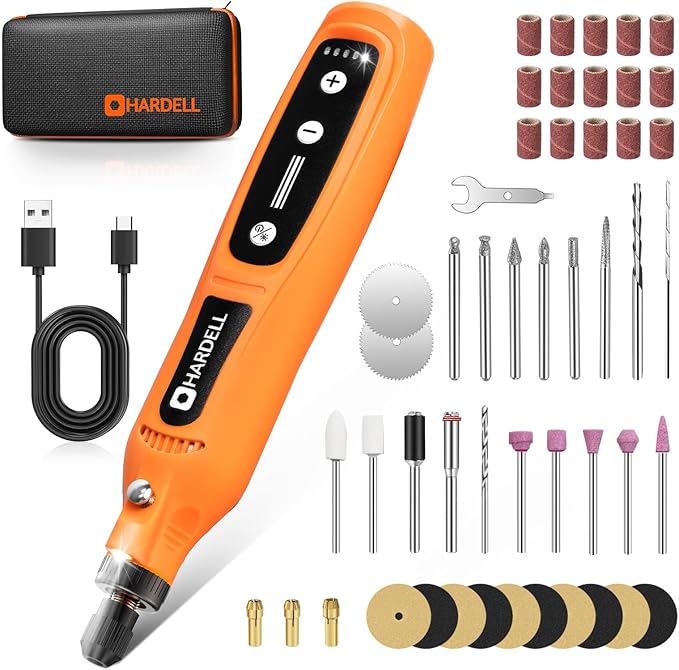 HARDELL Mini Cordless Rotary Tool Kit, 5-Speed and USB Charging with 69 Accessories, Multi-Purpose 4V Power Rotary Tool for Sanding, Polishing, Drilling, Etching, Engraving, DIY Crafts(Light Orange)