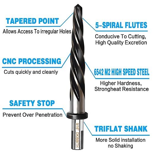 9/16" Bridge Construction Reamer Drill Bit, M2 HSS Taper Chucking Reamer for Steel Alloy Metal Wood Plastic, 1/2" Non-Slip Shank, 5-Spiral Flutes Car Reamer, to Align or Enlarge Holes, 14mm