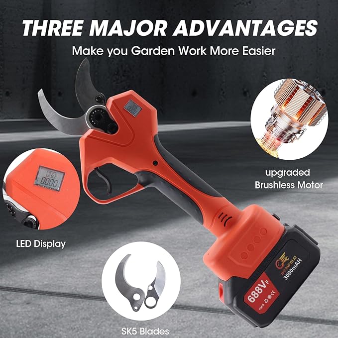 Electric Pruning Shears竊? inches (50mm) Cutting Diameter竊똂ordless Pruning Shears with LCD Display竊?pcs 3000mAh Rechargeable Lithium Battery, 2pcs Upgraded SK5 blades
