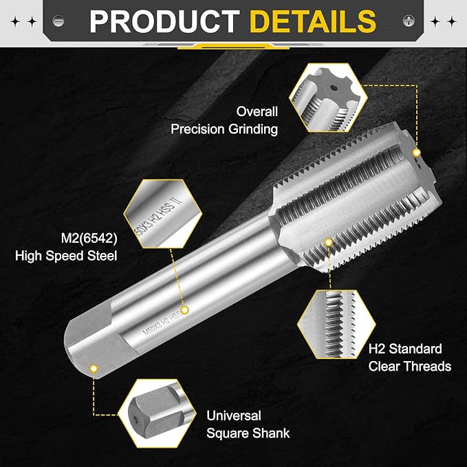 uxcell Hand Plug Tap M50 x 3 H2 Metric Thread Plug Style Taps Straight Flute Screw Tapping Threading Tool High Speed Steel HSS6542