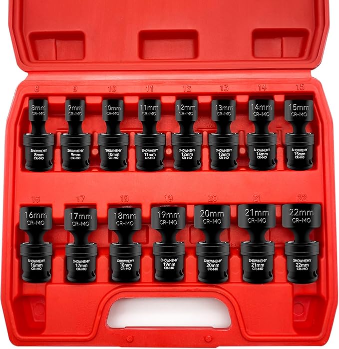 Drive Impact Universal Joint Socket Set, 6 Points, Shallow Swivel Socket Set, Cr-Mo Steel. Heavy Duty Storage Case (Metric 3/8", Metric 3/8")