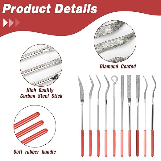 Needle Files - 10-Piece Diamond Needle File Set,Mini Metal Curved Files for Jewelry,Stone Carving, and Miniature Models (140mm / 5.5 inches)