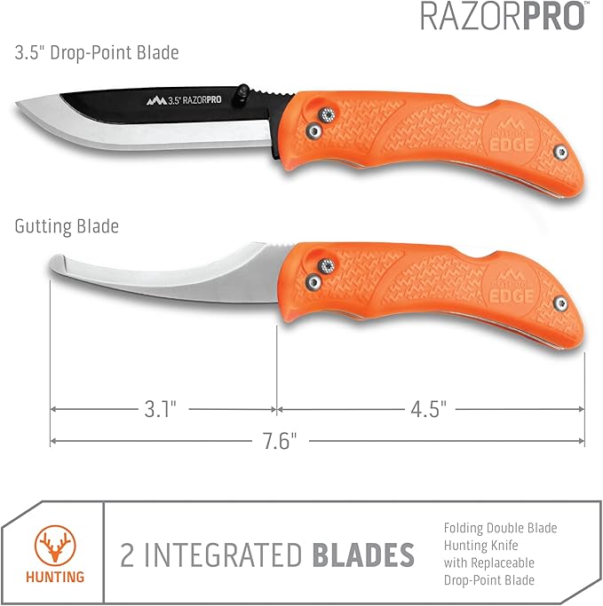 OUTDOOR EDGE RazorPro Double Blade Hunting Knife with Flip N??Zip Bone Saw ??Folding Knife with Gutting Blade & Replaceable RazorSafe Skinning Edge, Includes Camo Nylon Sheath