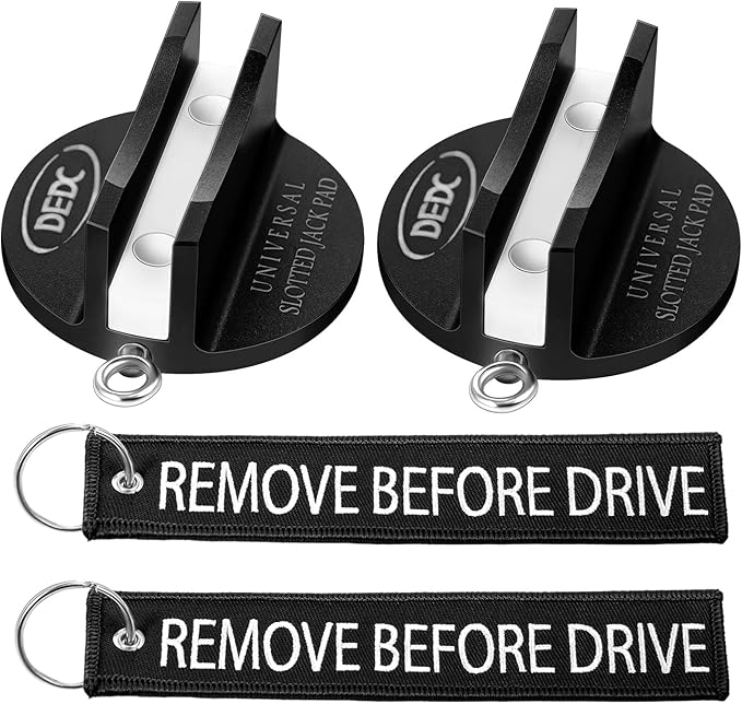 DEDC Universal Pinch Weld Jack Pad 2 Pcs Black, Magnetic Aluminum Jacking Puck Frame Rail Protecotr with 2 Reminder Streamers, Garage Accessories for Mechanics