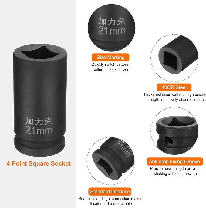 HARFINGTON 4 Point Square Socket 3/4" Drive by 21mm Metric Square Impact Socket 40CR Blackening Standard Wheel Sockets Pneumatic Socket Tool for Auto Repair Mechanical Maintenance Home Use
