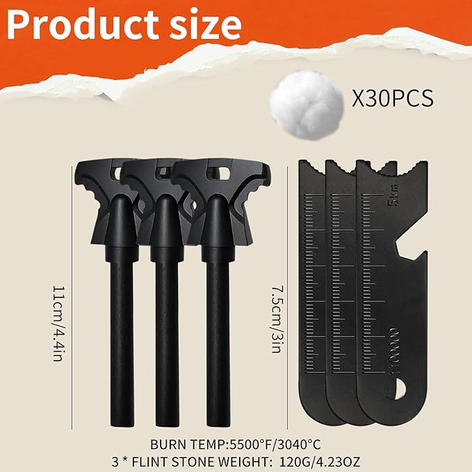 3PCS Magnesium Fire Starter with Striker, High Temp Magnesium Rod, Ferro Rod Fire Starter Survival Tool with 30Pack Waterproof Tinder and Steel Fire Striker for Camping, Hiking and Emergency