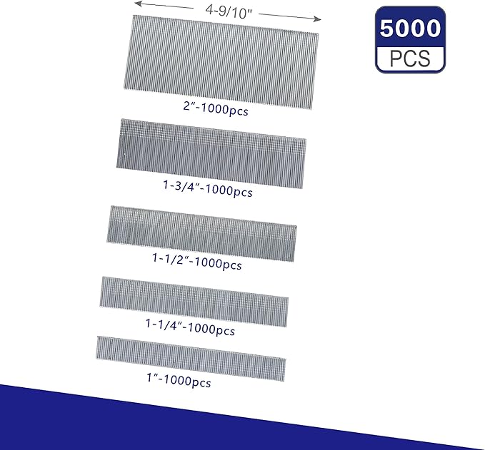 HW HAMWOO 18 Gauge 304 Stainless Steel Brad Nails,18 GA Nail Gun Nails Assorted, Suitable for Most Brand of 18 Gauge Pneumatic and Electric Brad Nailer(2",1-3/4",1-1/2",1-1/4",1")