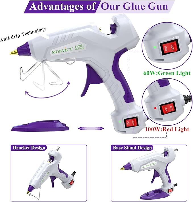 Full Size Hot Glue Gun, MONVICT Dual Temp Glue Gun 60/100W Base Stand Heavy Duty Melt Glue Gun Kit with 15 Pcs Glue Sticks & 3 Finger Protectors for Sealing Wax, Quick Repairs, DIY, Art & Crafts