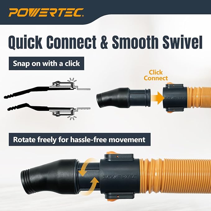 POWERTEC Power Tool Hose Kit with 20??Vacuum Hose, 4 Quick Change Adapters & Threaded Coupler ??Dust Collector Hose Kit for Connecting Table Saw, Power Tools to Shop Vacuums and Dust Collection System