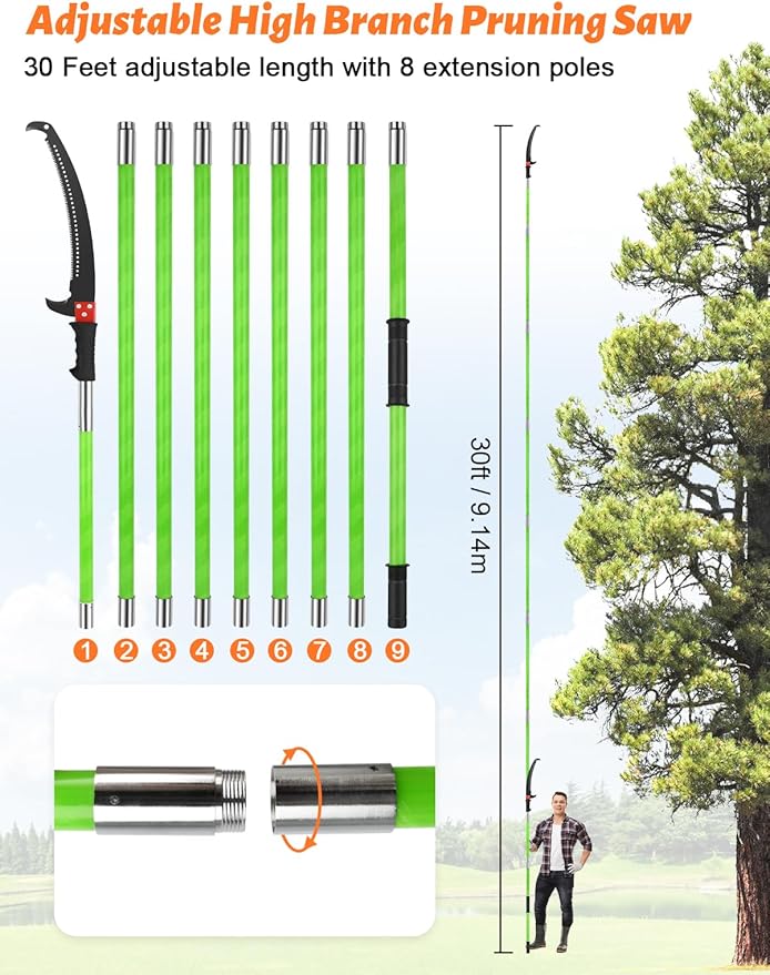 Manual Pole Saw for Effortless High Branch Cutting - 30ft Extendable Tree Pruner with Sharp Steel Blade | Lightweight & Durable Pole Saws for Tree Trimming & Branch Cutter for Yard Maintenance