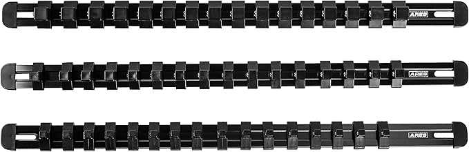 ARES 60123-3-Piece Black 17-Inch Aluminum Socket Rail Set with Locking End Caps - Includes 1/4-Inch, 3/8-Inch, and 1/2-Inch Drive Rails - Each Aluminum Rail Stores up to 16 Sockets
