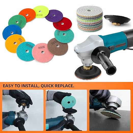13 Packs 4 Inch Diamond Polishing Pads with 5/8?쇺?11 Backer Pad 12PCS Wet/Dry Polish Pad Kit for Drill Grinder Polisher 50-8000 Grit Pads for Granite Marble Concrete Stone Countertop Quartz Polishing