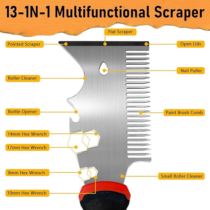 WYPROCEED 3??Multifunctional Paint Brush Comb, Stainless Steel 13-In-1 Paint Scraper Tool, Heavy Duty Paint Brush & Roller Cleaner Tool for Professional Painters & DIYers