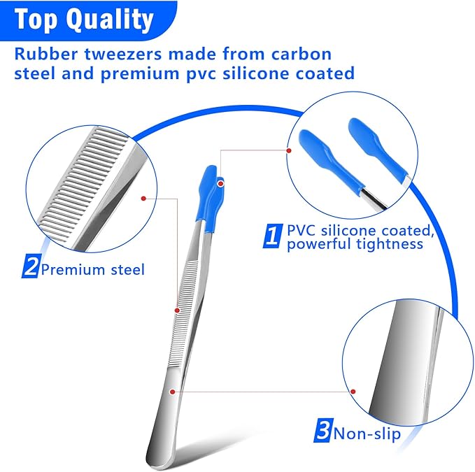 3PCS Tip Tweezers, Silicone Rubber Flat Tipped Tweezers Bent Tip for Jewelry Coin Stamp (Blue)