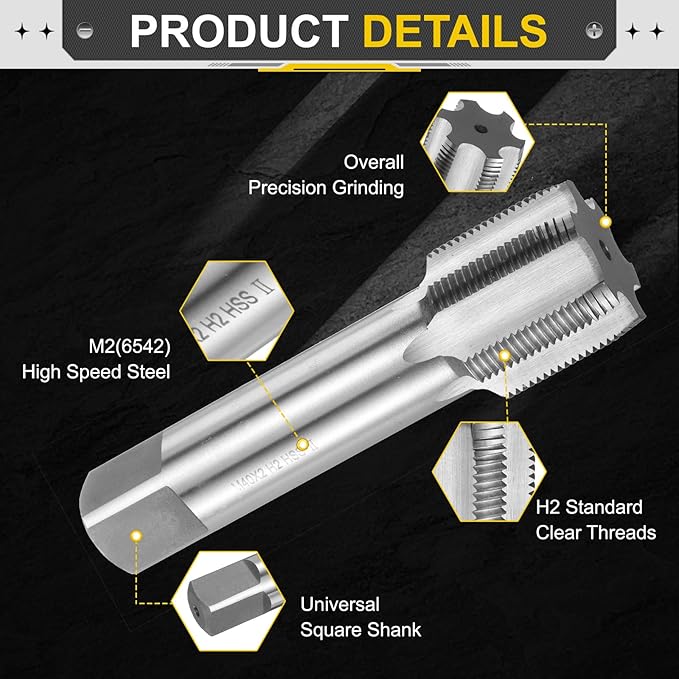 uxcell Hand Plug Tap M40 x 2 H2 Metric Thread Plug Style Taps Straight Flute Screw Tapping Threading Tool High Speed Steel HSS6542