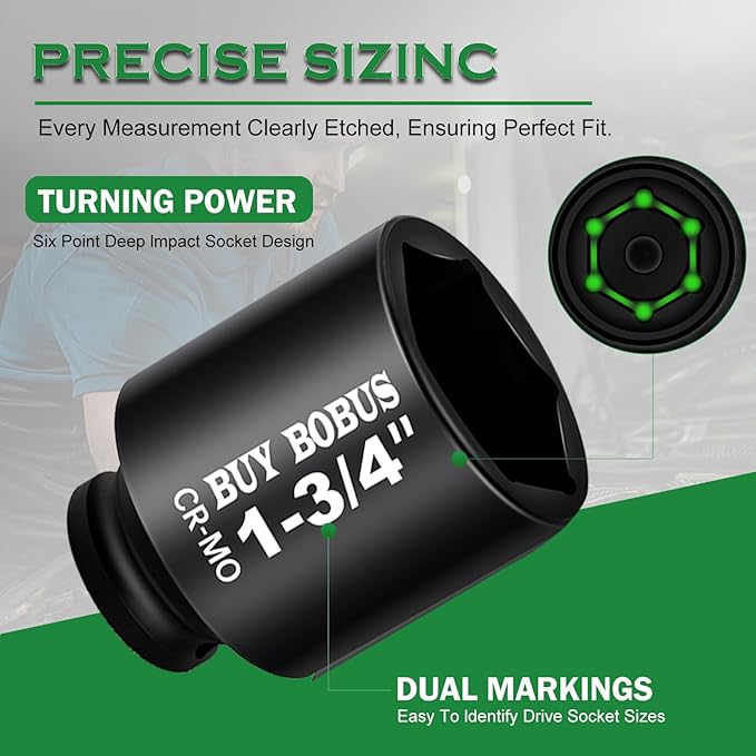 1/2" Drive Impact Socket Set, 9-Piece Standard SAE Deep Axle Nut Sockets, 6-Point, Cr-Mo,1-1/4竊?-3/8竊?-7/16竊?-1/2竊?-9/16竊?-5/8竊?-11/16竊?-3/4, Impact Socket Adapter (3/4" x 1/2")