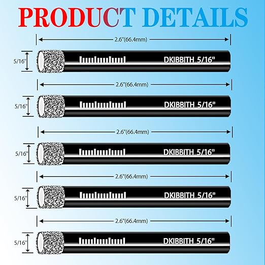 5-Pack 5/16" Diamond Core Drill Bits Set, 8mm Tile Drill bits for Ceramic Porcelain Marble Granite Tile Stone Glass Brick, Integrated Coolant for Fast Dry Drilling, Round Shank, with Storage Case