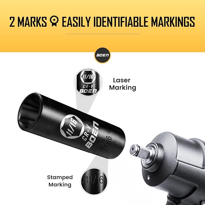 BOEN 1/2" Drive Deep Impact Socket,11/16 Inch Premium Socket,SAE,6 Point,Cr-V Steel with Laser Marking - Strong and Durable