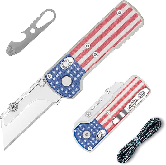 OKNIFE Otacle U1 Folding Pocket Utility Knife, Quick Change Box Cutter with Rail Lock, EDC Razor Knife with Pocket Clip for Office, Factory (Stars&Stripes)