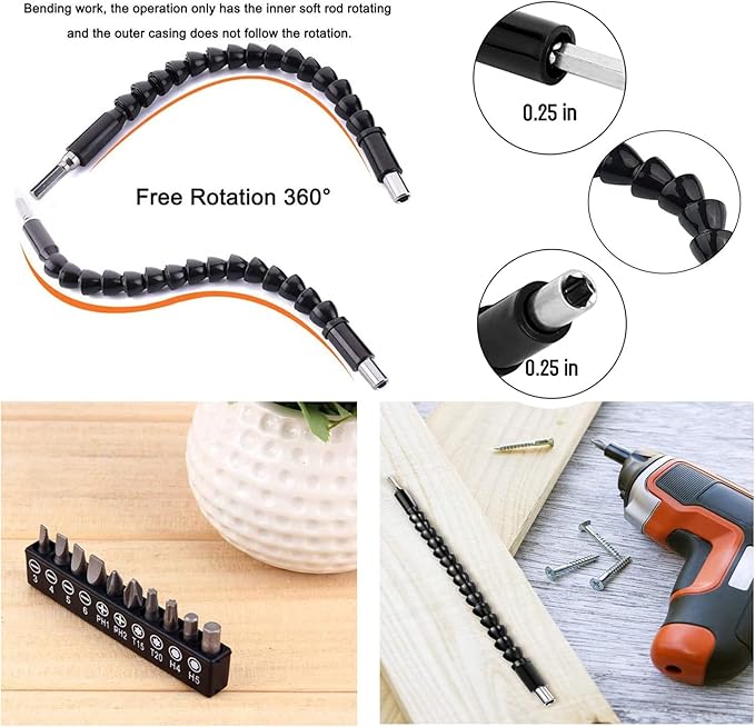 Flexible Drill Bit Extension, Bendable Drill Extension11.6inch, Manual 90째 Right Angle, 1/4 Flexible Extension for Drill, Adaptor Hex Flexible Screwdriver Extension Black (12PCS)