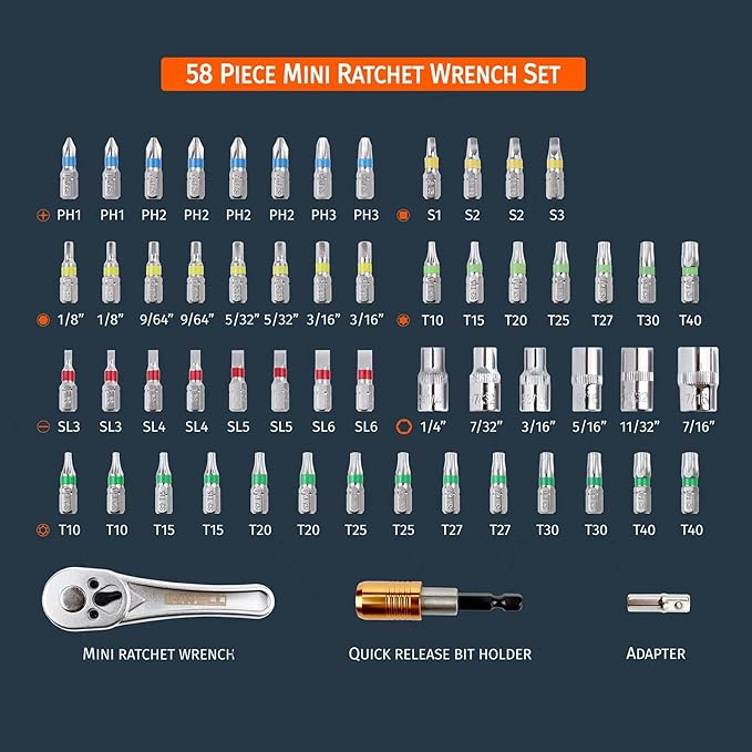 58 Piece 1/4 Inch Drive Mini Ratchet Wrench Set,Mini Socket Set,Screwdriver Bit Set with Phillips,Slotted,Hex,Trox,Tamper Proof Torx,Quick Release Bit Holder