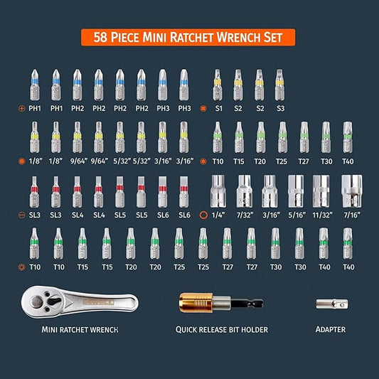 58 Piece 1/4 Inch Drive Mini Ratchet Wrench Set,Mini Socket Set,Screwdriver Bit Set with Phillips,Slotted,Hex,Trox,Tamper Proof Torx,Quick Release Bit Holder