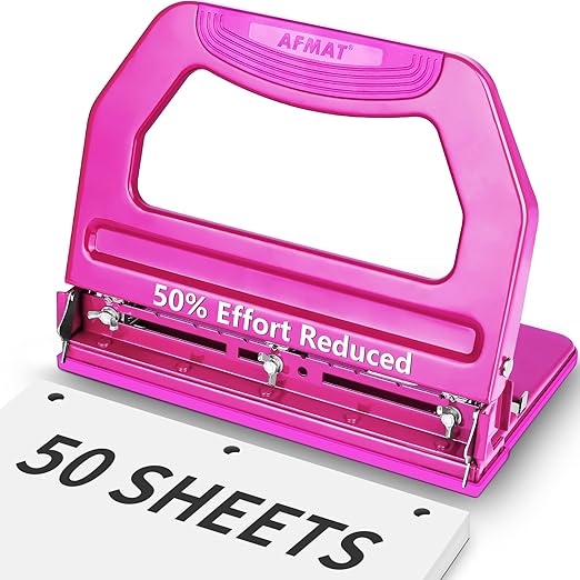 AFMAT 3 Hole Punch Heavy Duty, 9/32" Holes, 50-Sheet Hole Puncher 3 Ring, 50% Reduced Effort, Adjustable Two & Three Hole Punch, Metal Paper Puncher w/Large Chip Tray, Metal Paper Guide, HP18