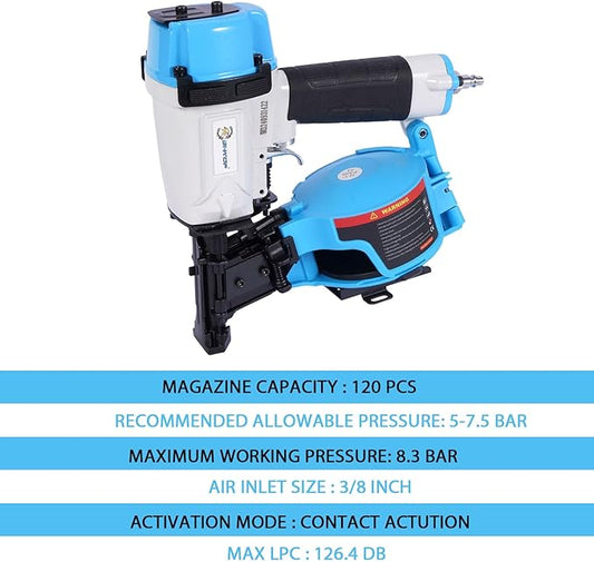 BHTOP Guatemala Style CN45N Roofing Nailer, 15 Degree Roofing Nail Gun, 3/4-Inch to 1-3/4-Inch Coil Nails, 120-pcs Load Capacity Coil Nailer