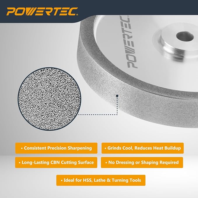 POWERTEC CBN Grinding Wheel 6 Inch 180 Grit, 1" Wide, 1/2" Arbor ??Bench Grinder Sharpening Wheel for HSS Tools, Lathe Chisels, and Woodturning Tools (15704)