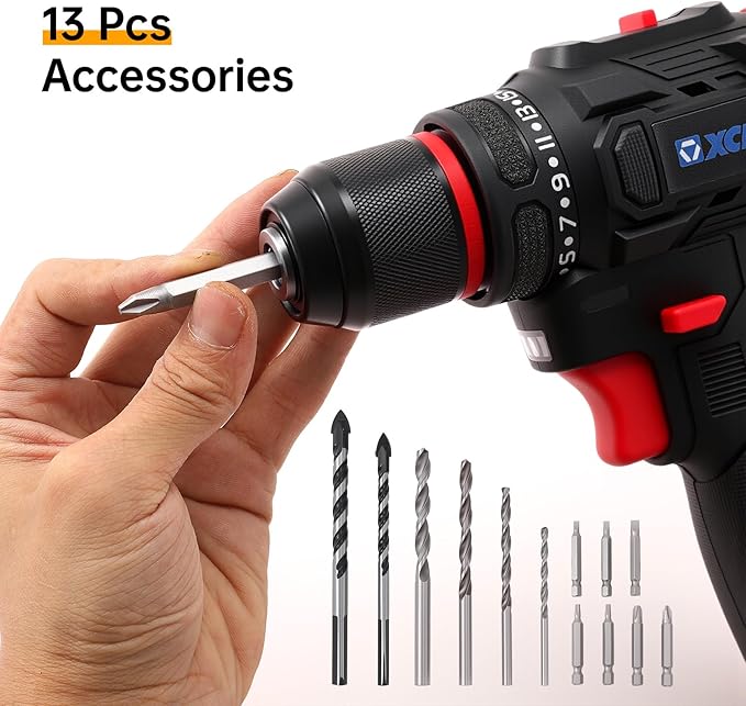 XCMG Cordless Hand Drill, 16.8V Brushless Motor, 3/8 Inch Keyless Chuck, Built-in LED Light, 20+1 Torque Adjustment, Dual Batteries for Long-Lasting Operation
