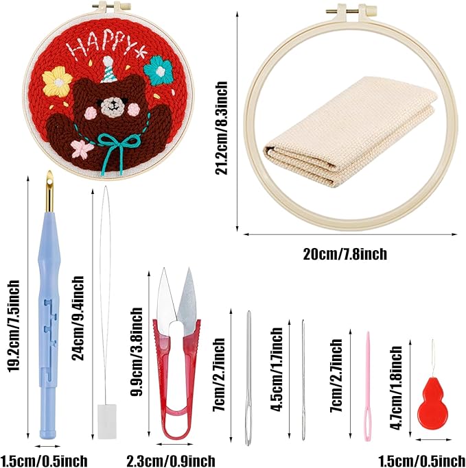 Woohome Punch Needle Kit Included Plastic Hoops, Punch Needle Cloth, Color Yarn and Punch Needle Tools for Adults, Beginners (Flower, Lake and Bear)