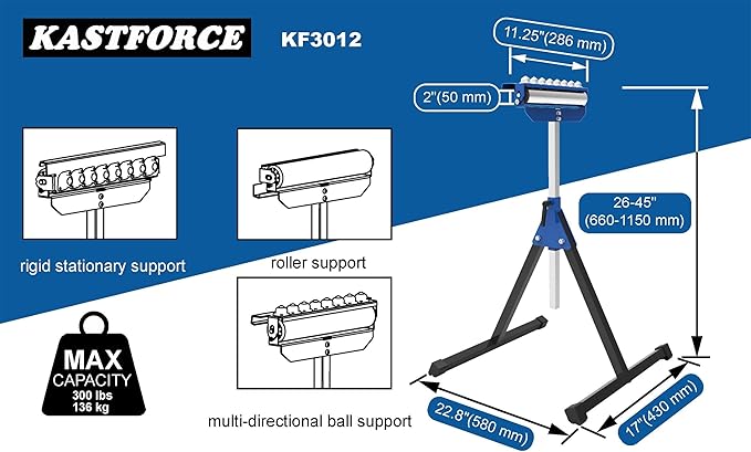 Heavy-Duty Roller Stand 300 Lbs 136kg Loading Capacity (3 in 1 Roller), Adjustable Miter Saw Extension, Folds Flat for Easy Storage, 2 Inch (50mm) Stainless Steel Roller KF3012
