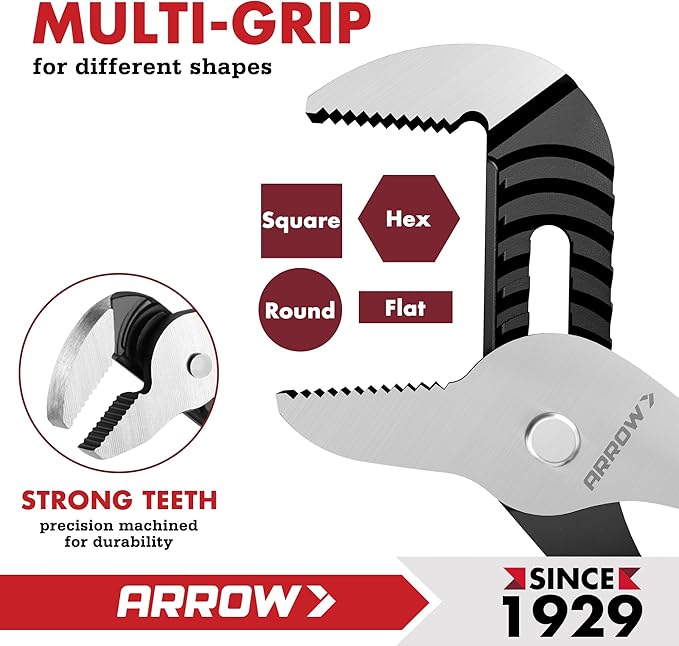 ARROW 3-Piece Groove Joint Pliers, 8", 10" & 12" Adjustable Water Pump Pliers with TPR Handle, High Carbon Steel Tongue and Groove Plier for Plumbing, Automotive and Household Repairs