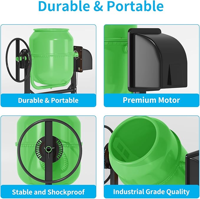 4.5 Cu.Ft. Electric Cement Mixer, 120L Dumb Portable Concrete Mixer with wheel&Stand,120V Mortar For Concreat,Mortar,Feeds and Seeds, Green