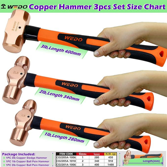 WEDO 3PCS Copper Hammer Set with Fiberglass Handle,1lb Ball Pein Hammer,2lb Ball Pein Hammer,3lb Sledge Hammer,Die-Forge,Corrosion Resistant