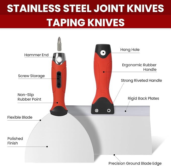 10Pcs Drywall Tool Kit, Stainless Steel Putty Knife Set with 1"-6" Knives, 8"-12" Taping Knives, 9-in-1 Painter Scraper, 12" Mud Pan & 6" Scoop for Drywall Taping, Finishing, and Patching