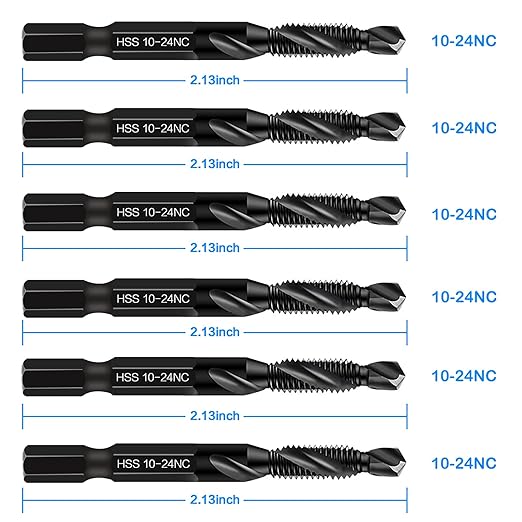 6-Piece 10-24NC Combination Drill Tap Countersink Bit Set SAE, Made of High-Speed Steel with Anti-Rust Blackened Coating, Ideal for Soft Metal, Wood & Plastic, 10-24NC Thread Size, 1/4" Hex Shank