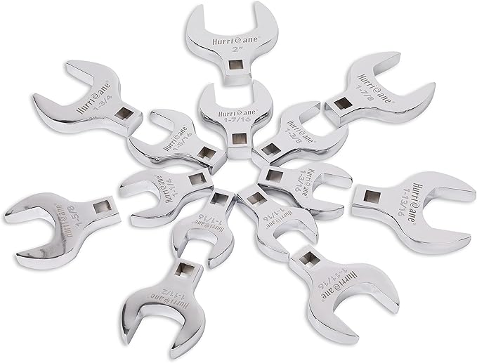 HURRICANE 1/2??Drive Crowfoot Wrench Set, 14 Piece Jumbo Crowfoot Flare Nut Wrench Tool Set, SAE Sizes from 1-1/16" to 2" with Storage Tray, With Fully Polished Chrome Finished
