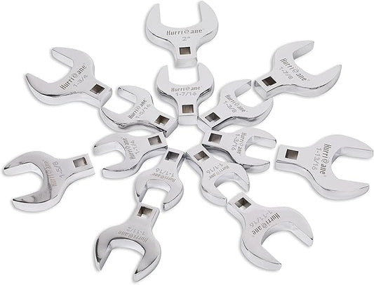 HURRICANE 1/2??Drive Crowfoot Wrench Set, 14 Piece Jumbo Crowfoot Flare Nut Wrench Tool Set, SAE Sizes from 1-1/16" to 2" with Storage Tray, With Fully Polished Chrome Finished