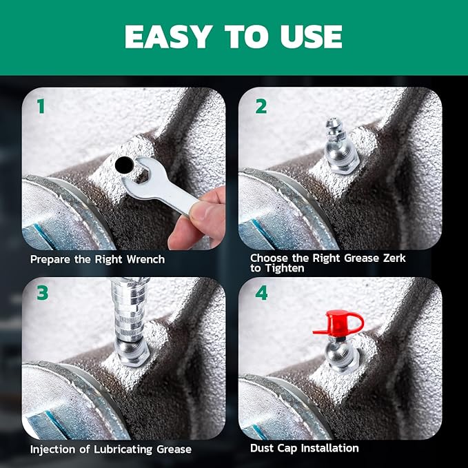 50PCS M8 Grease Fittings Kit, METRIC Zerk Grease Fittings Straight with Grease Fitting Caps & Wrench Kit(9mm) for Grease Gun