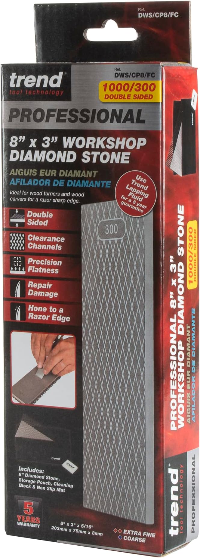 Trend New Diamond Sharpening Stone Kit, 8 x 3 Inch Double Sided (300/1000 Grit) Bench Stone with Pouch, Cleaning Block & Non-Slip Mat, DWS/CP8/FC/A