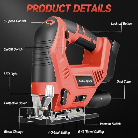 Jigsaw Compatible with Milwaukee 18V Battery (No Battery), Cordless Jig Saw Brushless Jigsaw Tool with LED Light, 0°- 45° Bevel Cuts, 3 Orbital Settings for Straight/Curve/Circle Cutting