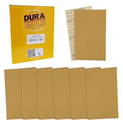Dura-Gold Premium 5" x 2.75" Gold Sandpaper Sheets, 1000 Grit (Box of 40) - Hook & Loop Backing, Wood Furniture Woodworking, Auto Paint - for Palm Sanders, Clip-On, Hand Sanding Blocks