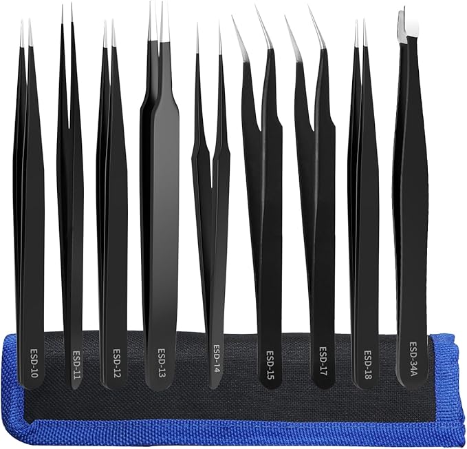 9pcs precision tweezers set, anti-static tweezers set, ESD stainless steel tweezers set, with storage bag