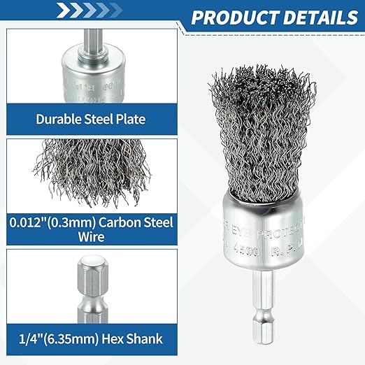 Wire Brush for Drill (1"/25mm) 1Pack, Crimping Steel Wire 0.012" (Carbon Steel) Wire Brush Drill Attachment with 1/4" Hex Shank - for Rust, Cleaning, Deburring on Cast Iron