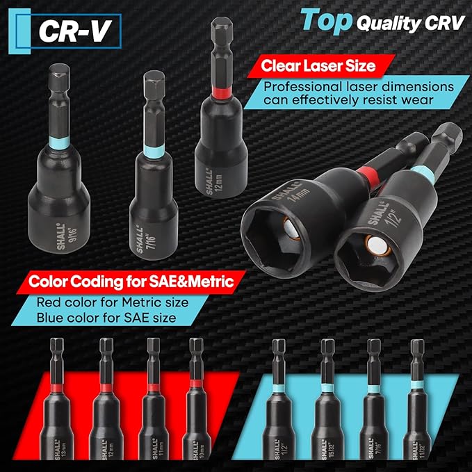 SHALL 29PCS Magnetic Nut Driver Set, Impact Drill Driver Bit 1/4" Hex Shank, SAE & Metric Cr-V Steel Power Nut Drivers with Quick-release Extensions, Impact Socket Adapters, Bit Holder and Storage Bag