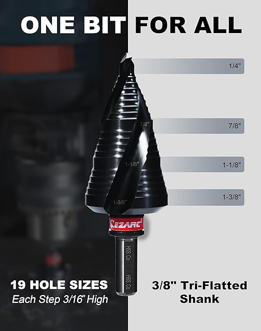 EZARC Step Drill Bit for Metal, M35 Cobalt Step Drill Spiral Flute Unibit Step Drill Bit (1/4"- 1-3/8") Wear-Resistant AlTiN Coated, 3/8" Shank for Metal, Stainless Steel, Aluminum, Plastic