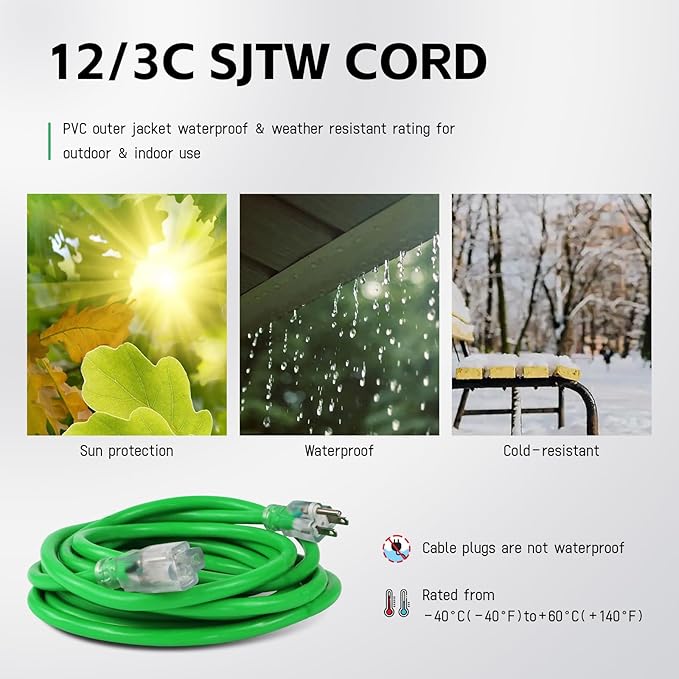 EP 15 Ft Outdoor Extension Cord, 12/3 SJTW Heavy Duty Waterproof Power Cable, 3 Prong Grounded Plug, Lighted End, for Lawn, Garden, Appliances, Green