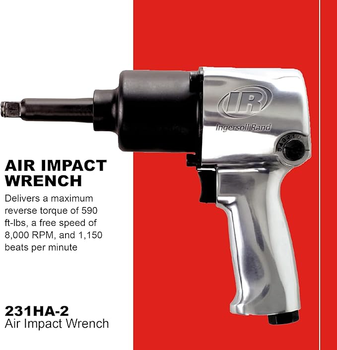 Ingersoll Rand 231HA-2 1/2" Air Impact Wrench, 2" Ext Anvil, Super Duty, 600 ft-lb Torque, Friction Ring Retainer, Pistol
