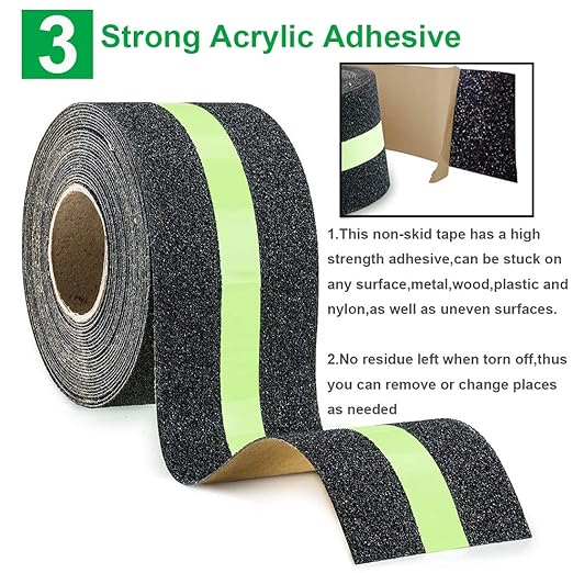 RELIANCER Anti Slip Safety Grip Tape 2inx30ft Green Glowing in The Dark Non Skid Stage Safety Tape High Traction Grit Stairs Tape Hazard Caution Warning Tape for Steps (2"횞30', Green&Black)